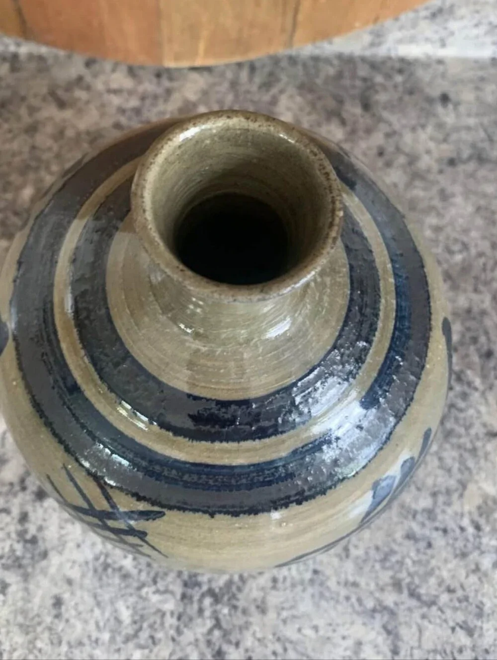 Vintage Salt Glazed Stoneware Vase Unmarked Blue Bird Accents